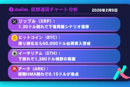 リップル、1.30ドル割れ警戒──下落再開で1.20ドル視野【仮想通貨チャート分析】XRP、BTC、ETH、ARK　2026年2月9日