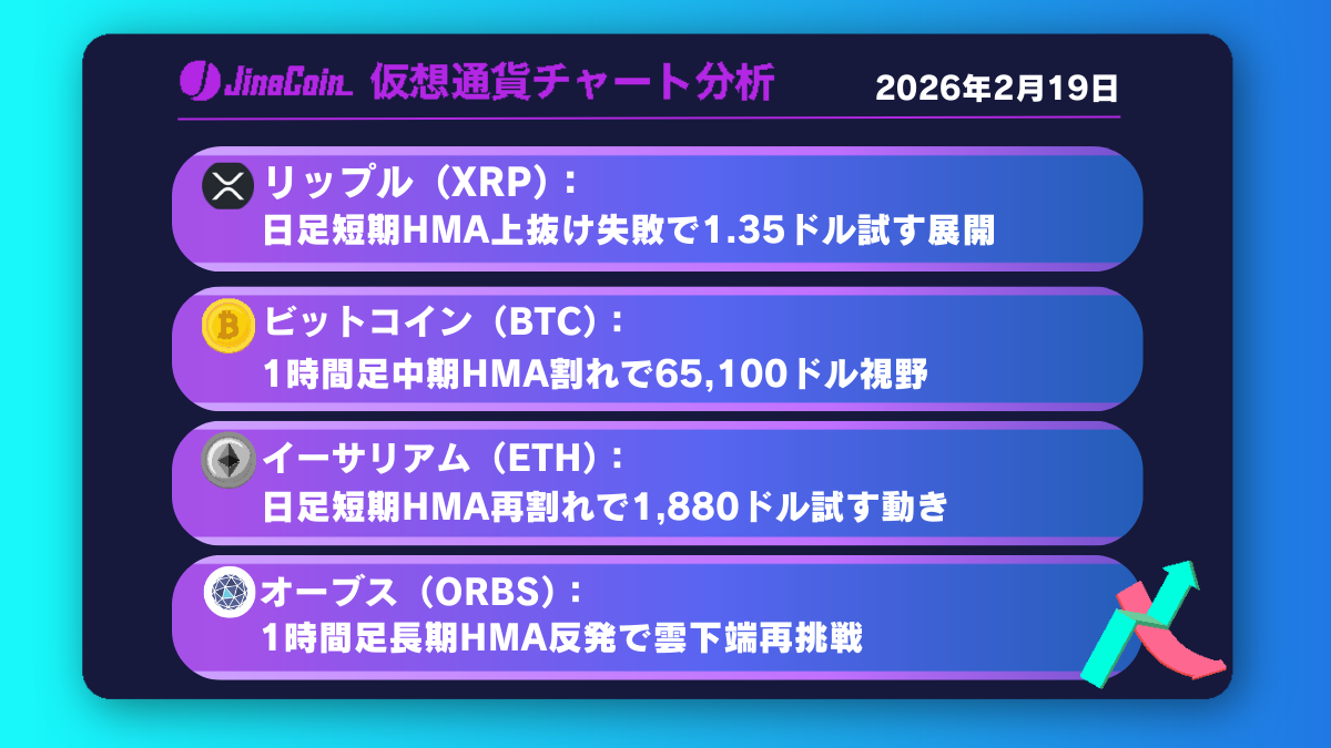 リップル、日足中期HMA上抜け失敗で弱気再燃──1.3台で下げ止まるかが焦点【仮想通貨チャート分析】XRP、BTC、ETH、ORBS　2026年2月19日