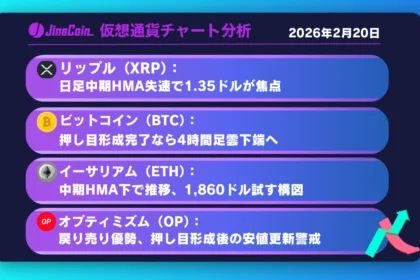 リップル、中期戻り売り優勢継続──直近安値1.35ドル再試す展開【仮想通貨チャート分析】XRP、BTC、ETH、OP　2026年2月20日