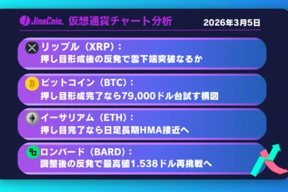 リップル、短期調整後の再上昇焦点──長期上昇転換の初動となるか【仮想通貨チャート分析】XRP、BTC、ETH、BARD　2026年3月5日