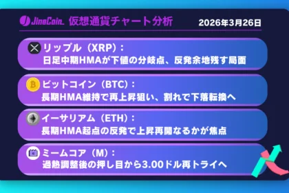 リップル、下落圧継続も反発余地残す──日足中期HMAが攻防の分岐点【仮想通貨チャート分析】XRP、BTC、ETH、M　2026年3月26日