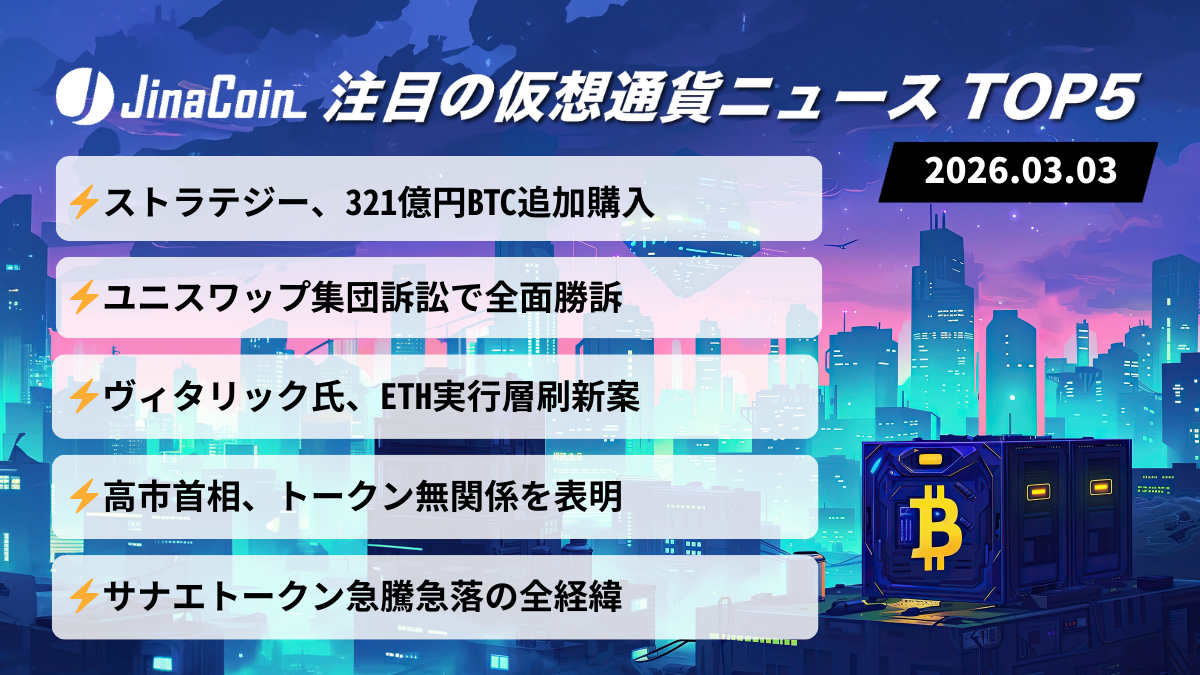 【今日の仮想通貨ニュース】ストラテジー321億円BTC追加購入｜恐怖指数20でも主要銘柄は小幅高　2026/03/03