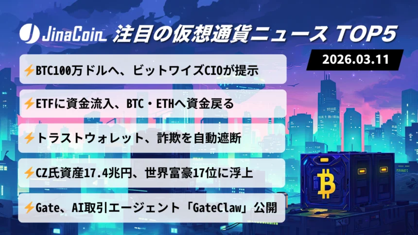 【今日の仮想通貨ニュース】ビットコイン100万ドル予測浮上｜ETF流入とAI取引ツール拡大　2026/03/11