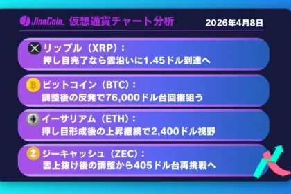 リップル、抵抗帯上抜けで地合い転換──押し目完了で1.45ドル視野【仮想通貨チャート分析】XRP、BTC、ETH、ZEC　2026年4月8日