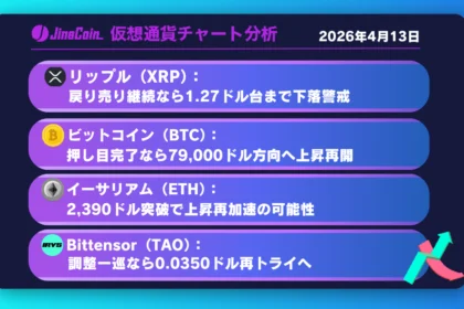リップル、下落再開警戒の局面──1.27ドル視野の戻り売り構図【仮想通貨チャート分析】XRP、BTC、ETH、IRYS　2026/04/13
