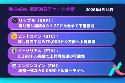 リップル、上昇転換初動か──押し目形成完了なら雲下端まで上値余地【仮想通貨チャート分析】XRP、BTC、ETH、ENJ　2026/04/14