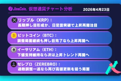リップル、長期押し目形成へ移行か──日足雲突破で上昇再開に注目【仮想通貨チャート分析】XRP、BTC、ETH、ZEREBRO　2026/04/23