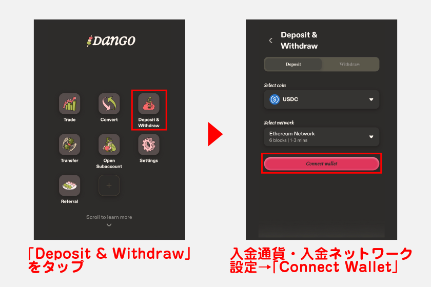 入金を進める際は、ホーム画面から「Deposit & Withdraw」をタップ。その後、入金通貨・入金ネットワークを設定して「Connect Wallet」をタップします。
