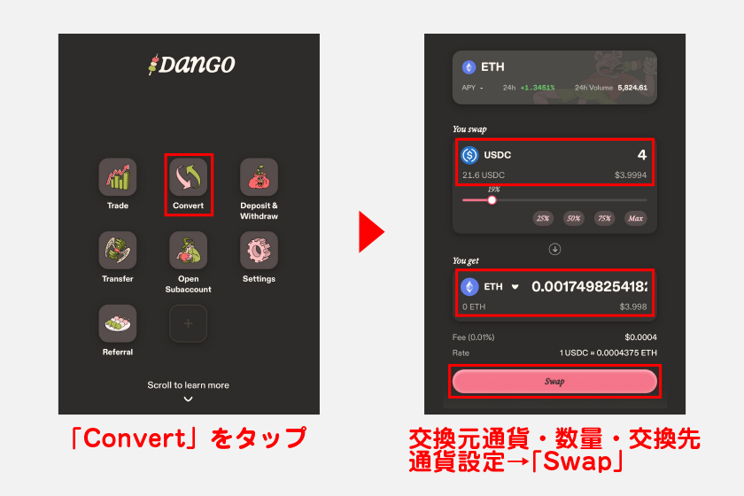 コンバート機能を利用する際は、ホーム画面から「Convert」をタップ。交換元通貨と数量、交換先通貨を設定して「Swap」をタップします。