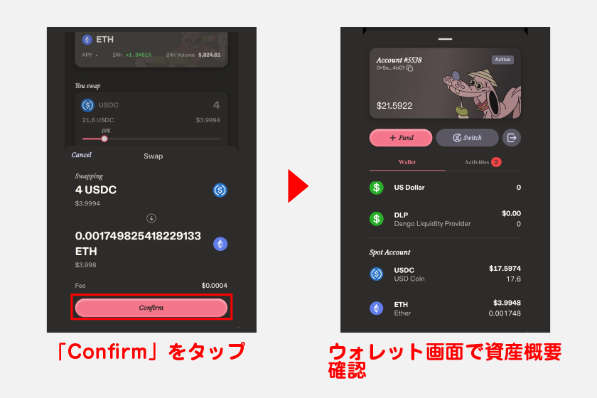 確認画面が表示されたら「Confirm」をタップしてコンバート完了です。コンバート後の資産概要はウォレット画面上から確認してください。