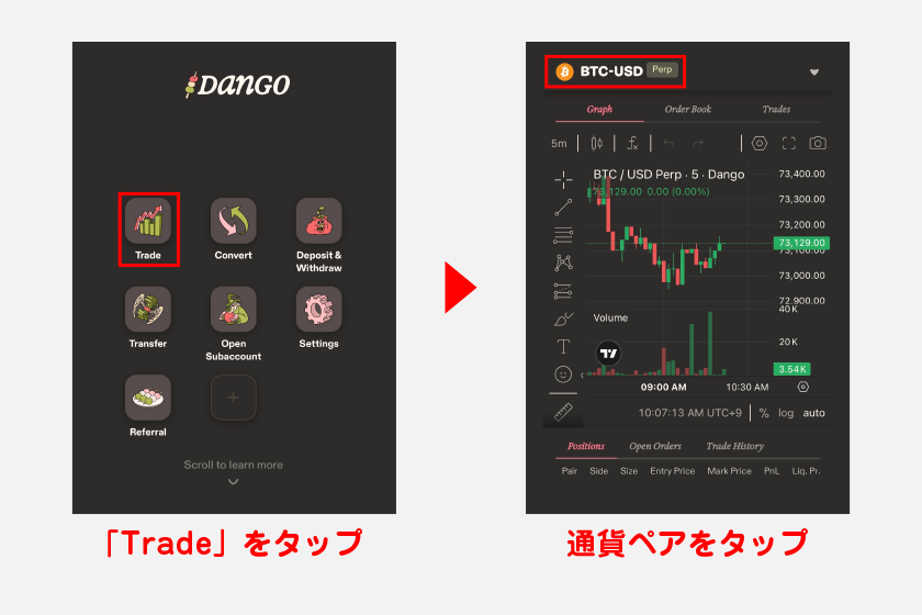 ここでは実際に、BTCUSDペアで取引する手順を解説します。まずはホーム画面から「Trade」をタップ。画面上の通貨ペアをタップして取引通貨の設定に進みます。