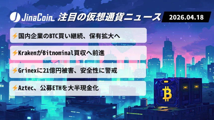 【今日の仮想通貨ニュース】ビットコイン堅調も強弱交錯｜企業取得・再編・流出が焦点　2026/04/18