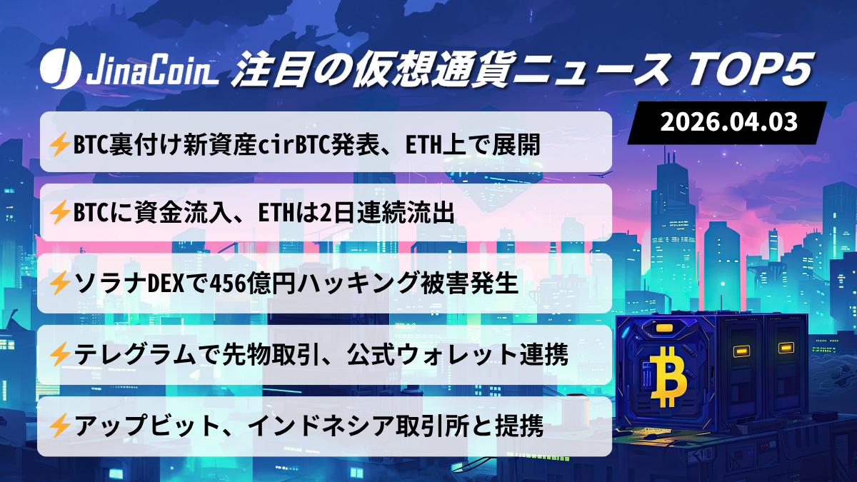 【今日の仮想通貨ニュース】BTC連動資産「cirBTC」登場｜大型ハッキングで市場に警戒感　2026/04/03