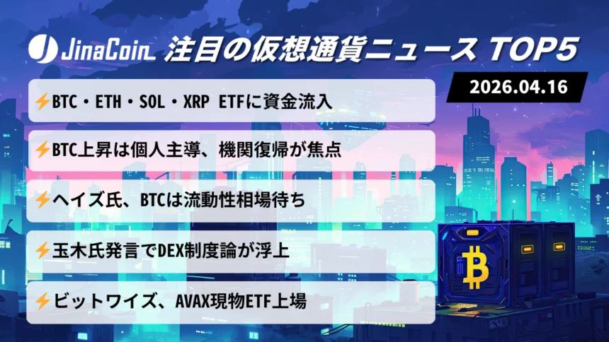 【今日の仮想通貨ニュース】BTC上昇継続も警戒感残る｜ETF流入拡大と機関不在が焦点　2026/04/16