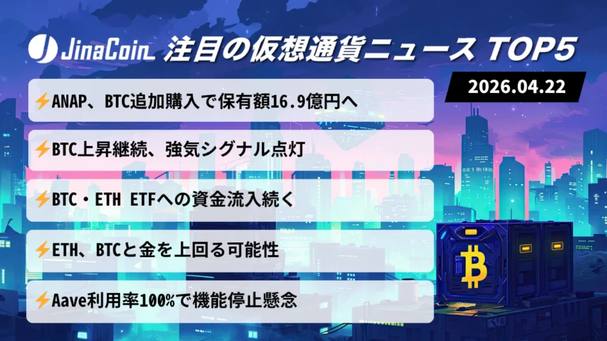 【今日の仮想通貨ニュース】BTC反発で市場改善──ANAP買い増しとETF資金流入注目　2026/04/22