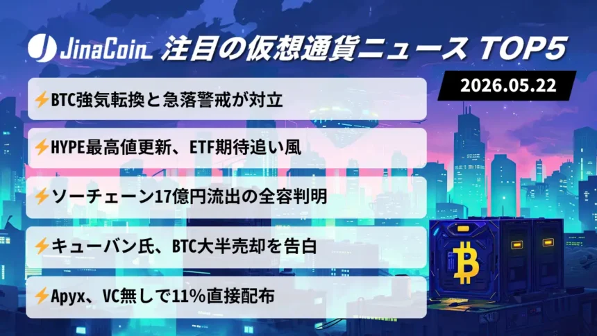 【今日の仮想通貨ニュース】BTC上値重く市場停滞──HYPE最高値更新で資金集中鮮明に　2026/05/22