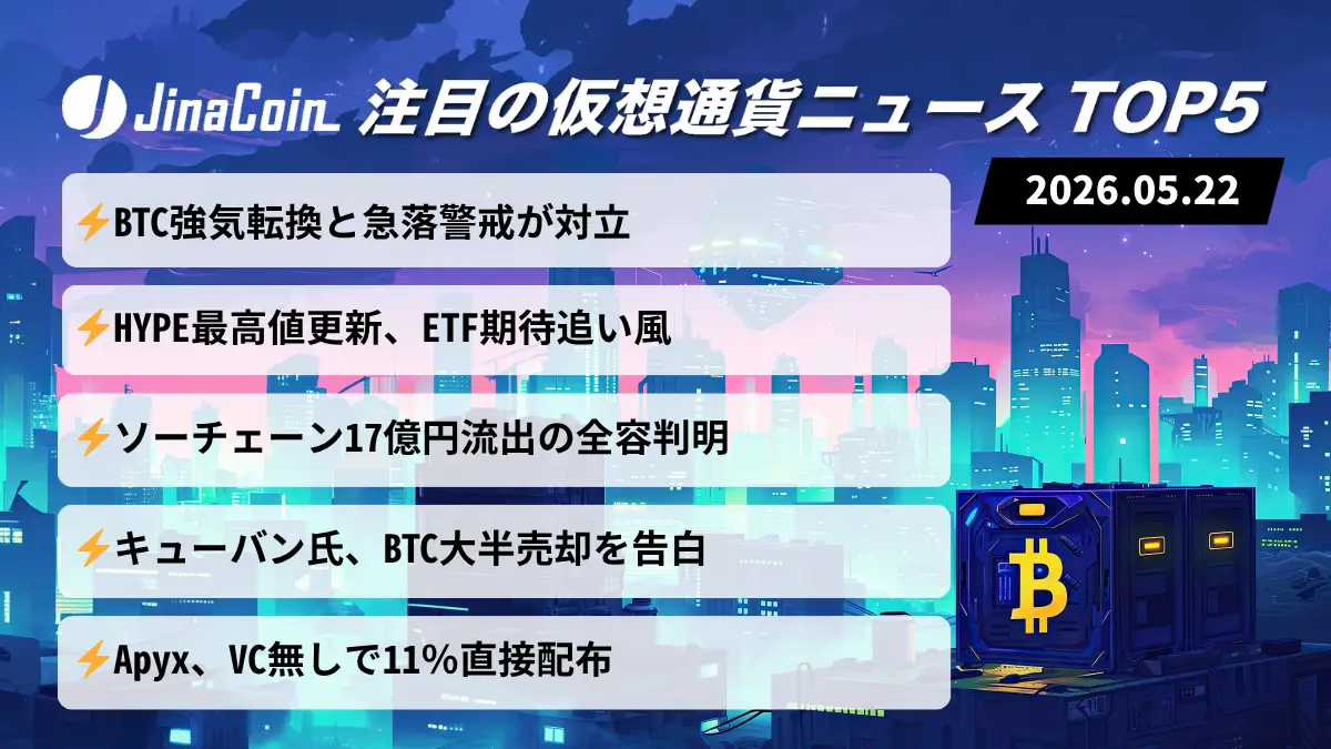 【今日の仮想通貨ニュース】BTC上値重く市場停滞──HYPE最高値更新で資金集中鮮明に　2026/05/22