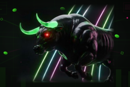 ソラナのミームコイン$ANSEM（The Black Bull）をイメージした、ネオンの緑とピンクの光に包まれた背景の中を駆ける、緑色の角と赤く光る目を持つ黒い雄牛のデジタルイラスト