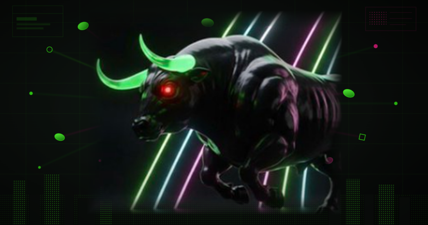 ソラナのミームコイン$ANSEM（The Black Bull）をイメージした、ネオンの緑とピンクの光に包まれた背景の中を駆ける、緑色の角と赤く光る目を持つ黒い雄牛のデジタルイラスト