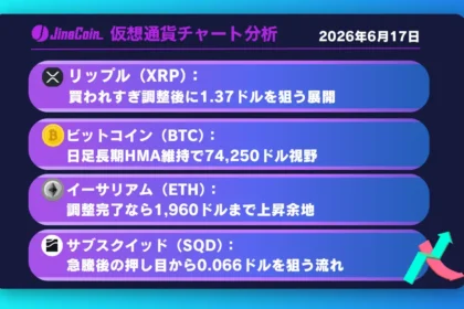 リップル、買われすぎ調整後の上昇再開に注目──1.37ドル付近まで上値余地【仮想通貨チャート分析】XRP、BTC、ETH、SQD　2026/06/17