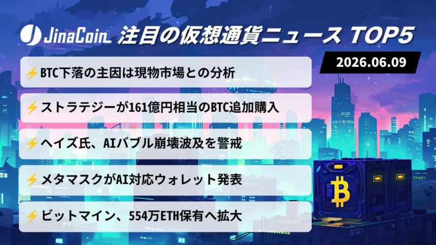 【今日の仮想通貨ニュース】BTC下落要因に新説浮上｜企業マネー流入は継続中　2026/06/09