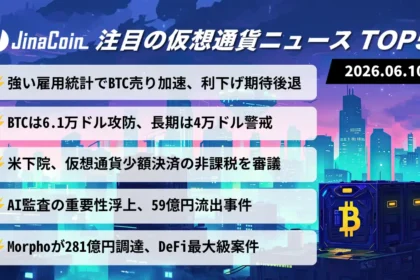 【今日の仮想通貨ニュース】ビットコイン売り圧力強まる｜米税制改革とDeFi大型調達が前進　2026/06/10