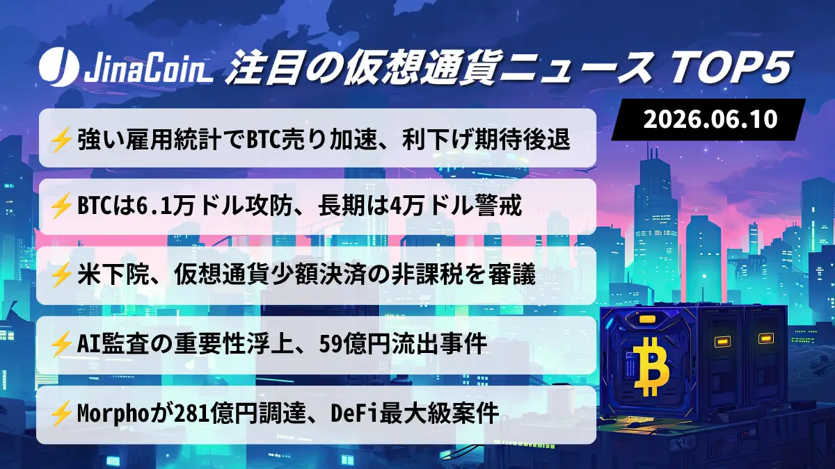 【今日の仮想通貨ニュース】ビットコイン売り圧力強まる｜米税制改革とDeFi大型調達が前進　2026/06/10