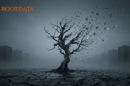 RootDataの2026年暗号資産消滅プロジェクトリストをイメージした、ひび割れた大地に立つ枯れ木がピクセルと輝きを失ったコインになって崩れていく薄暗いイラスト。左上にRootDataのロゴ