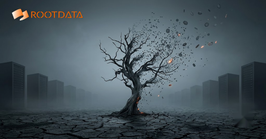 RootDataの2026年暗号資産消滅プロジェクトリストをイメージした、ひび割れた大地に立つ枯れ木がピクセルと輝きを失ったコインになって崩れていく薄暗いイラスト。左上にRootDataのロゴ