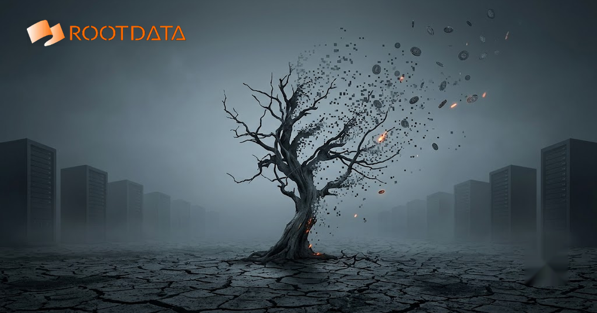 RootDataの2026年暗号資産消滅プロジェクトリストをイメージした、ひび割れた大地に立つ枯れ木がピクセルと輝きを失ったコインになって崩れていく薄暗いイラスト。左上にRootDataのロゴ