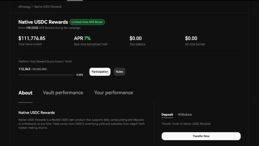 edgeX、USDCデポジットキャンペーン開始──EDGE追加報酬でAPR7%
