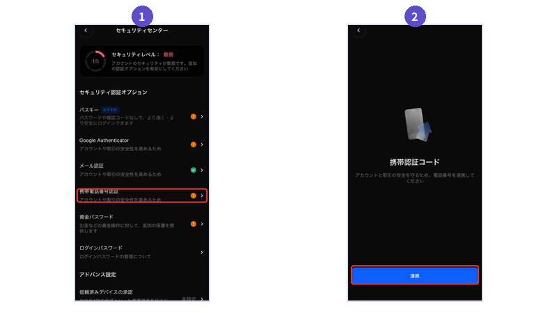 BingXのSMS認証の設定手順。セキュリティセンターの携帯電話番号認証項目と、連携ボタンを赤枠で示したスクリーンショット