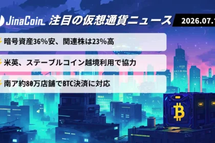 【今日の仮想通貨ニュース】暗号資産36％安、関連株は上昇｜米英連携とビットコイン決済が拡大　2026/07/15