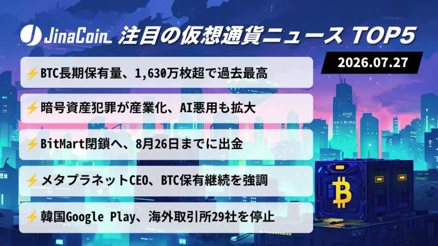 【今日の仮想通貨ニュース】ビットコイン長期保有量が過去最高｜取引所閉鎖と規制強化が相次ぐ　2026/07/27