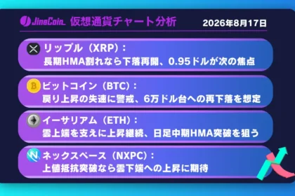 リップル、下落再開の分岐点──長期HMA割れ＋BB拡大で0.95ドル狙い【仮想通貨チャート分析】XRP、BTC、ETH、NXPC　2026/08/17