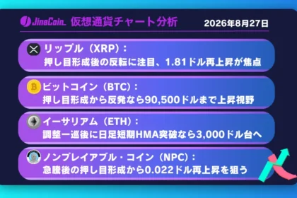 リップル、買い場探る調整局面──日足短期HMA突破で1.81ドル目指す【仮想通貨チャート分析】XRP、BTC、ETH、NPC　2026/08/27