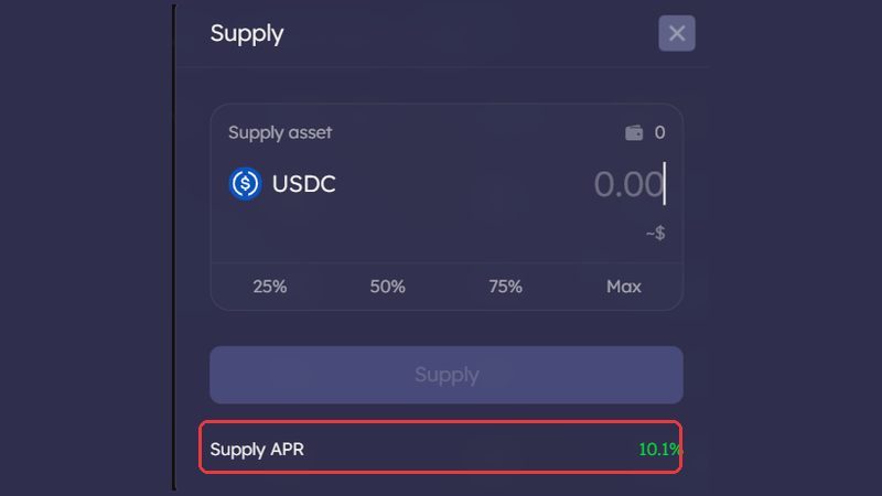 CurrentでUSDCを供給する入力画面。供給APRと25%・50%・75%・Maxの入力ボタンが表示されている。