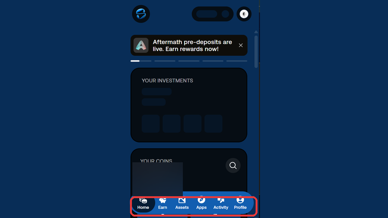 Sui対応ウォレットのホーム画面。下部にEarnやAppsなど、DeFiサービスへアクセスするメニューが表示されている。