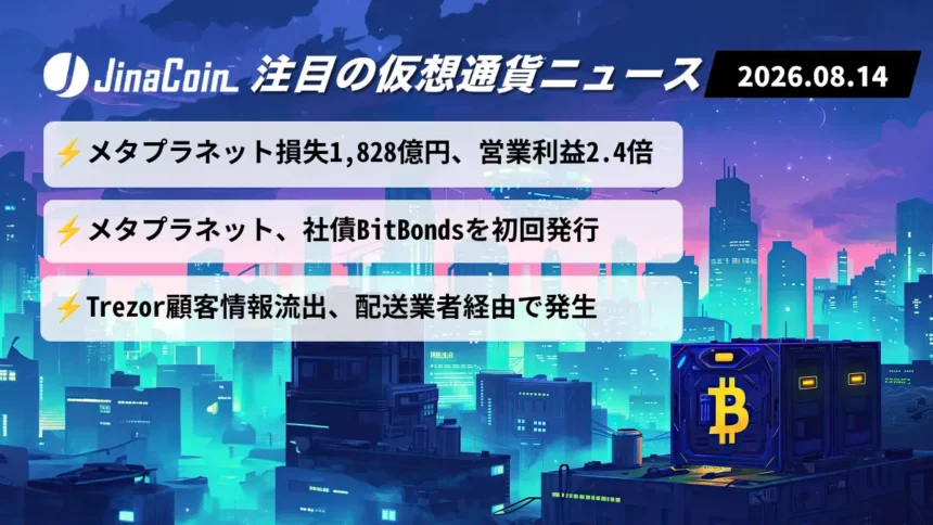 【今日の仮想通貨ニュース】メタプラネット純損失1,828億円も営業利益2.4倍｜BitBonds発行　2026/08/14