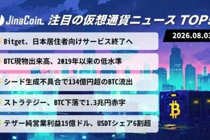 【今日の仮想通貨ニュース】Bitgetが日本人向けサービス終了へ｜ビットコイン現物取引は歴史的低迷　2026/08/03