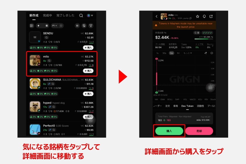 GMGN「ミームコインを購入・売却する1」