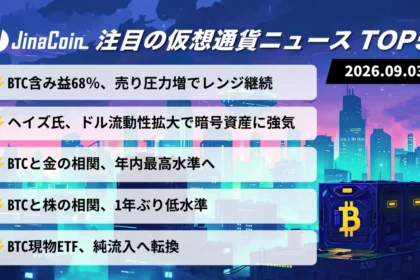 【今日の仮想通貨ニュース】ビットコインと金の相関上昇──含み益68％で上値には売り圧力　2026/09/03