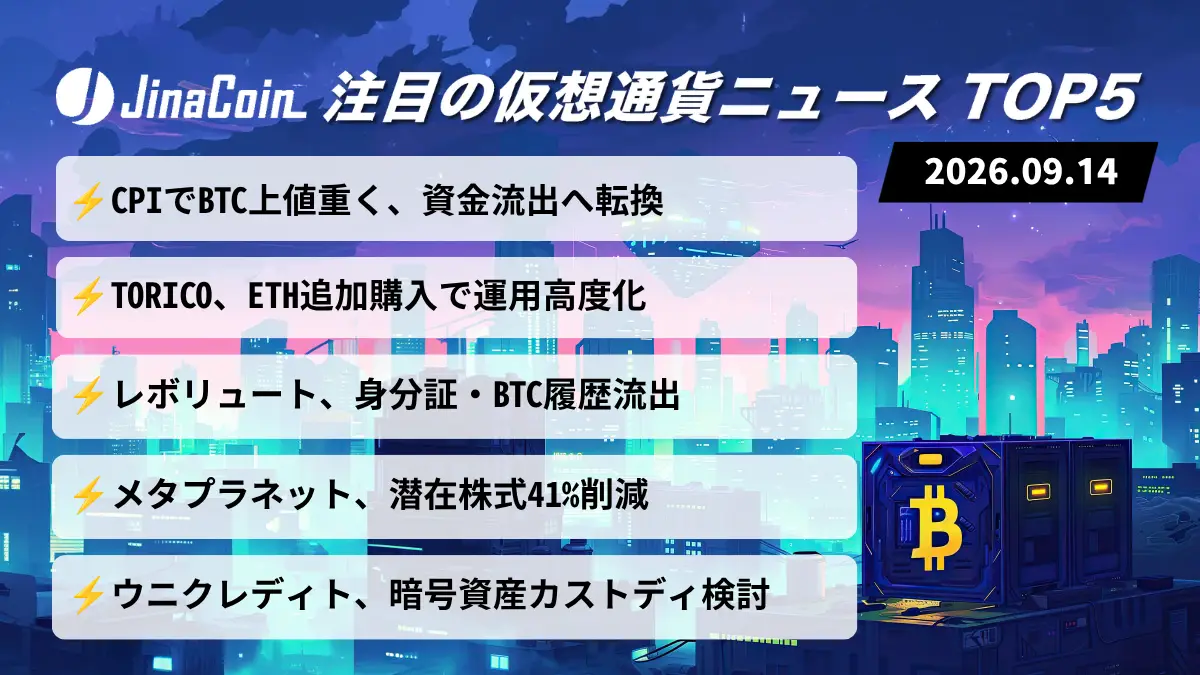 【今日の仮想通貨ニュース】ビットコイン、CPIで上値重く資金流出へ｜TORICOがイーサリアム追加購入　2026/09/14