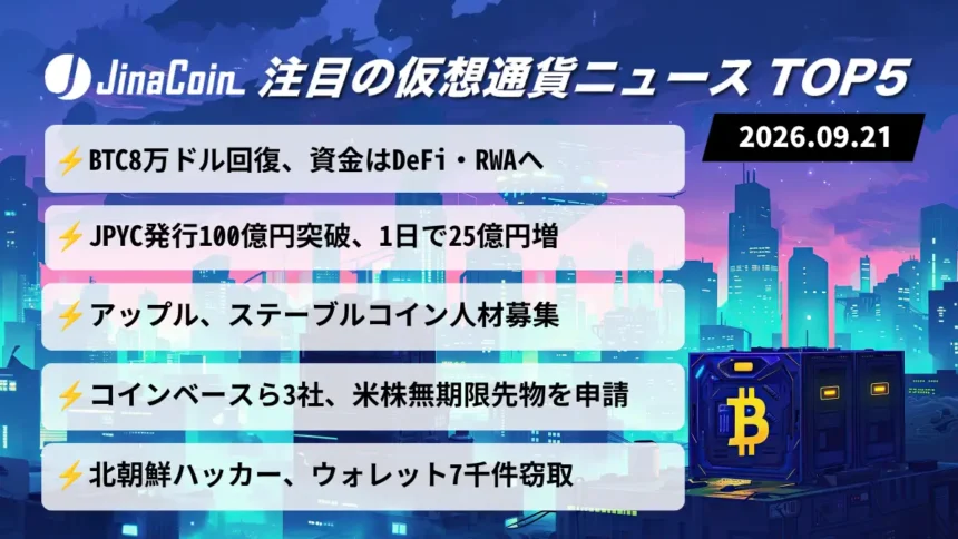 【今日の仮想通貨ニュース】ビットコイン8万ドル台回復｜JPYC累計発行額100億円突破　2026/09/21