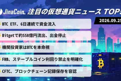 【今日の仮想通貨ニュース】ビットコインETFに6日連続資金流入──Bitgetで約558億円流出　2026/09/25