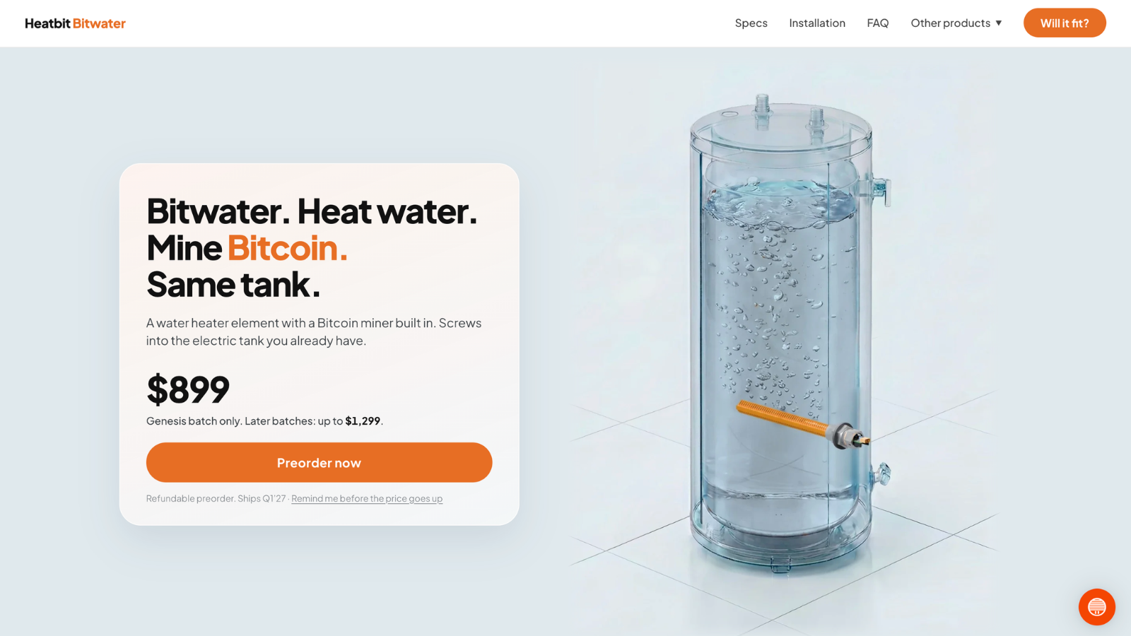 湯を沸かしながらビットコイン採掘、Heatbitの新製品は初回899ドル