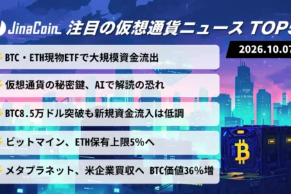 【今日の仮想通貨ニュース】ビットコインETFから4.8億ドル流出──8.5万ドル突破も新規資金乏しく下落　2026/10/08