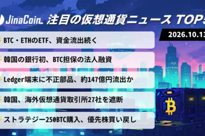 【今日の仮想通貨ニュース】ビットコインETFから6540万ドル流出｜韓国でBTC担保融資、銀行初と報道　2026/10/13