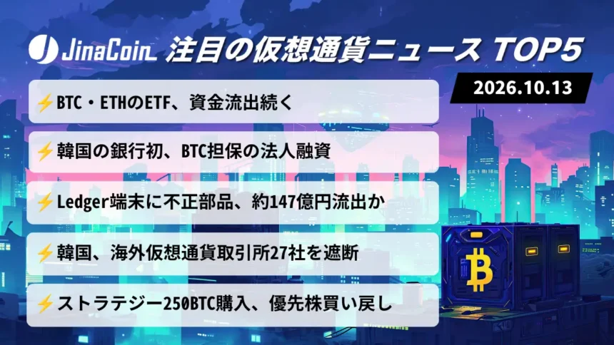 【今日の仮想通貨ニュース】ビットコインETFから6540万ドル流出｜韓国でBTC担保融資、銀行初と報道　2026/10/13