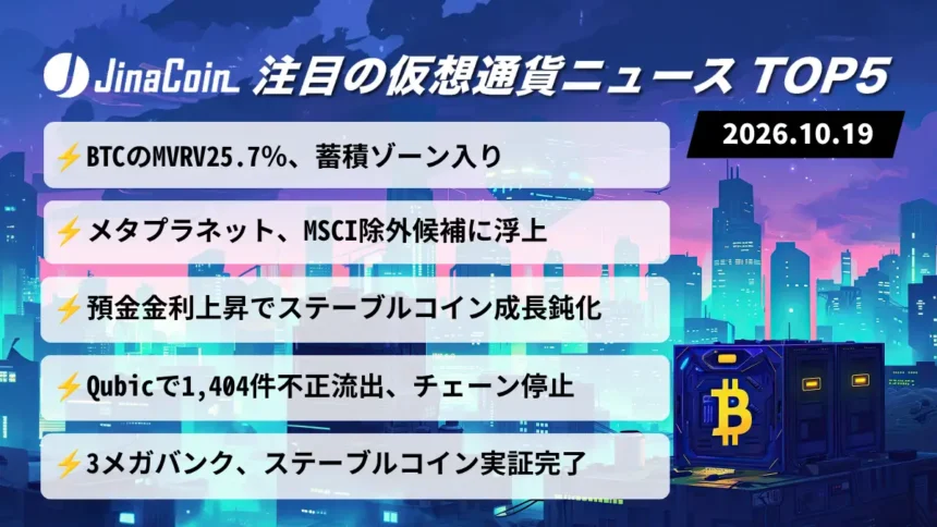 【今日の仮想通貨ニュース】ビットコインMVRVが蓄積圏へ──最悪7.6万ドル、メタプラネットにMSCI除外懸念 2026/10/19